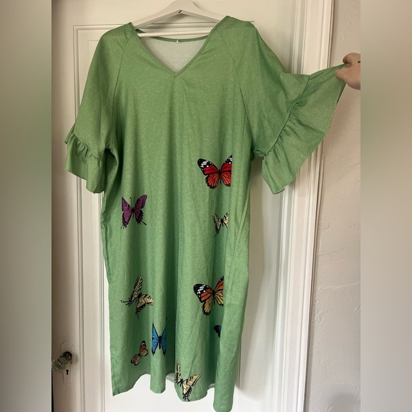 Green Butterfly Dress XXL Boho Casual Summer Dress Ruffle Sleeve V-Neck Tunic - Picture 12 of 12